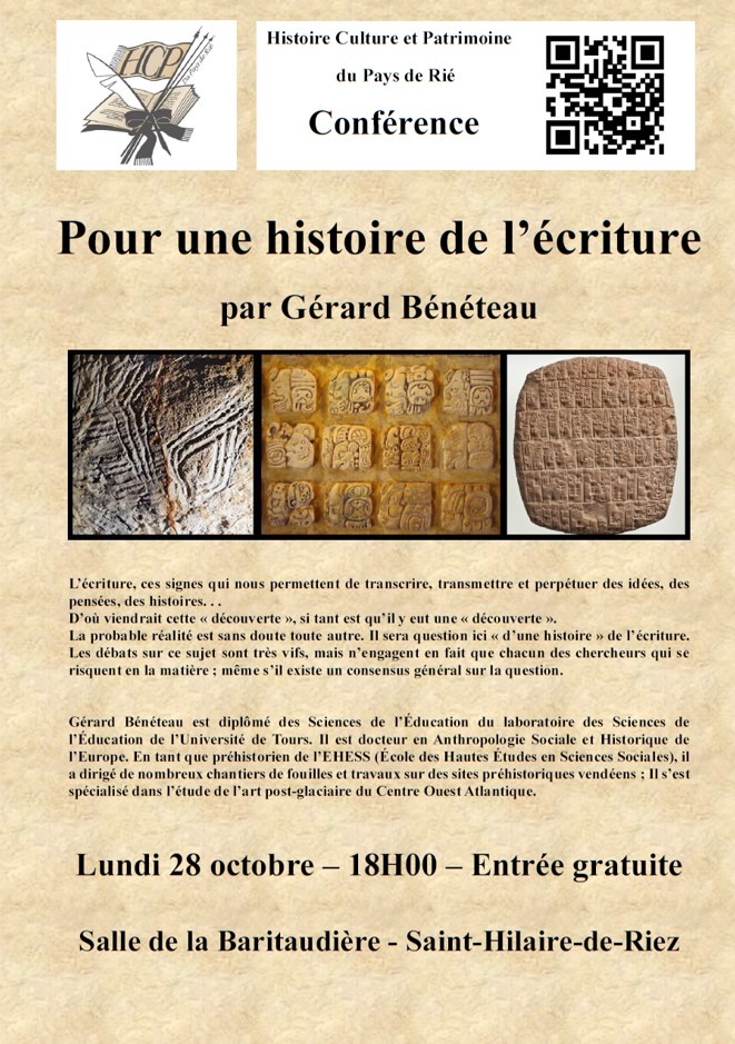 Conférence  » Pour une histoire de l’écriture  » par Gérard Bénéteau